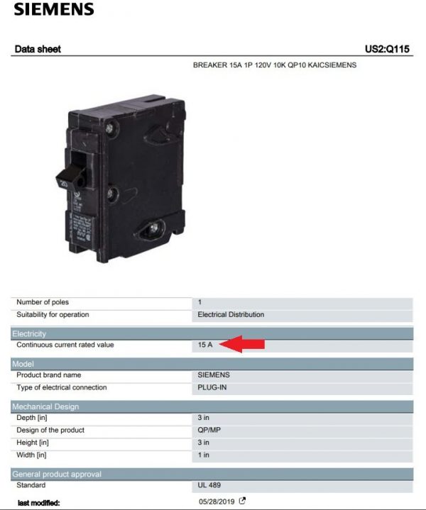 15A circuit breaker spec sheet